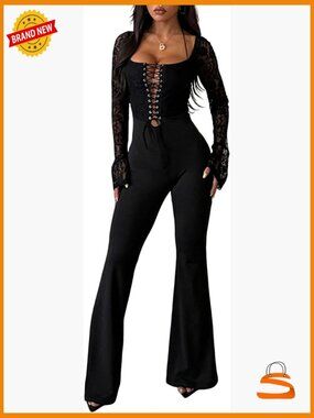 Women's Long Sleeve Lace Patchwork Flare Pants Jumpsuit Romper Club Outfits